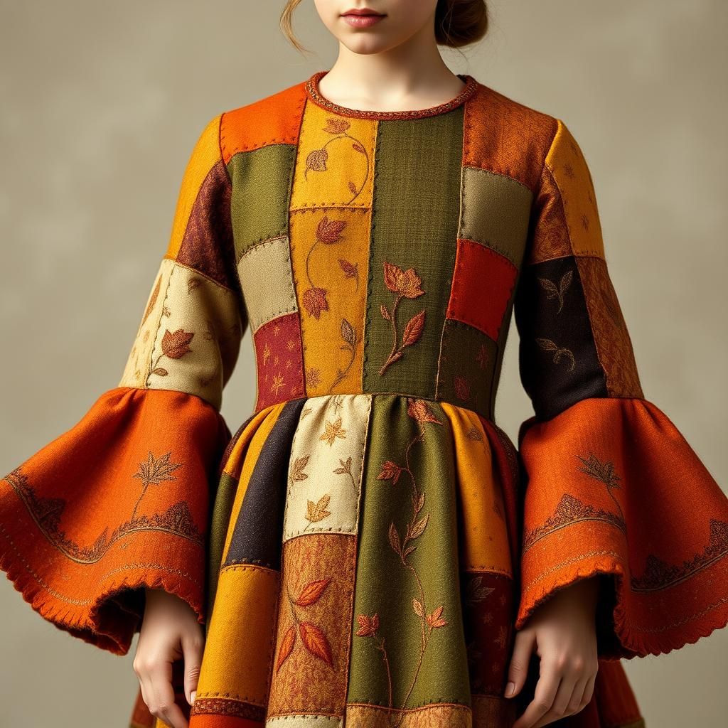 Woman in Autumn Patchwork Dress with Embroidery