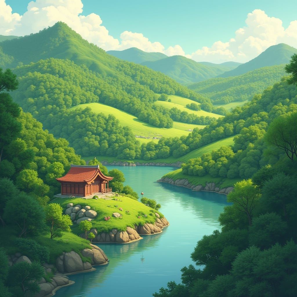 Whimsical Ghibli Landscape in Traditional Japanese Style