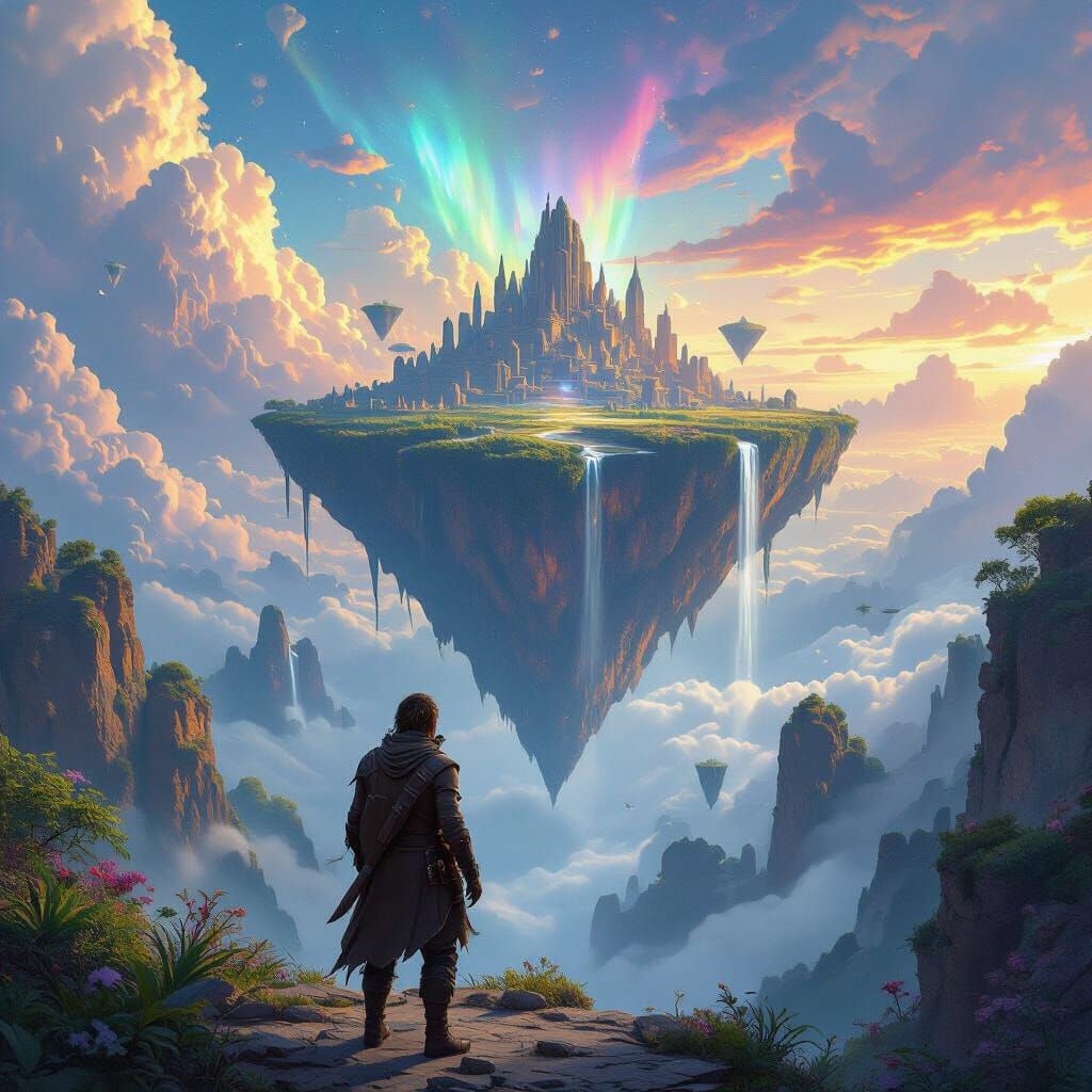 Explorer Gazes at Sky-Cities in Digital Painting Style