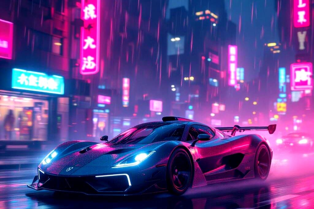 Cyberpunk Hypercar in Neon Rain