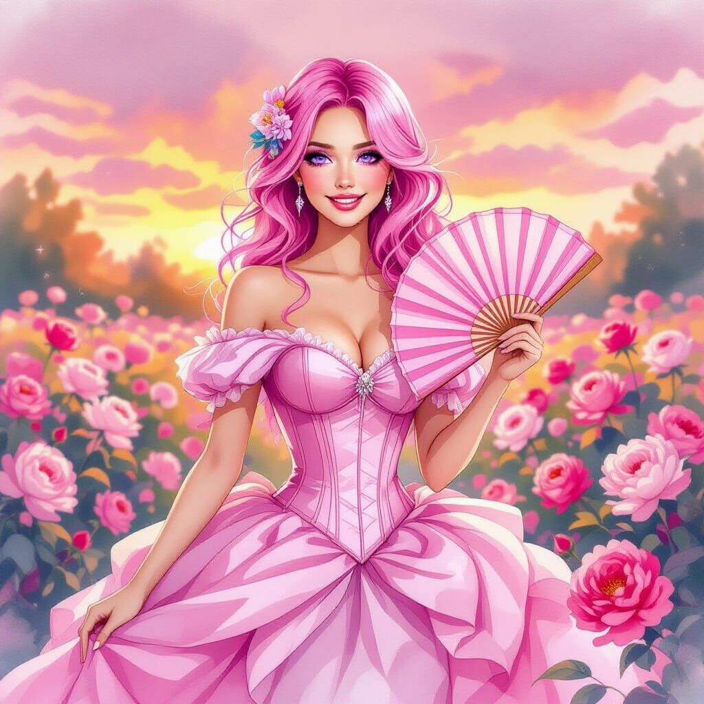 Pink-Haired Woman in Rose Garden, Watercolor Style