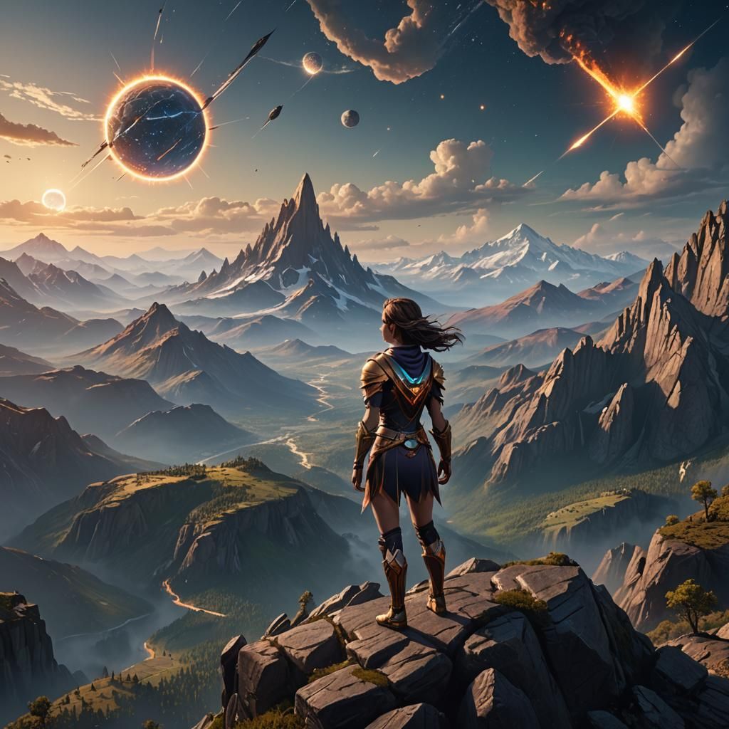 Celestial Woman Soaring Over Mountains in Digital Painting