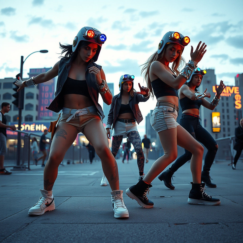 Dynamic Urban Dancers in Neon Cityscape