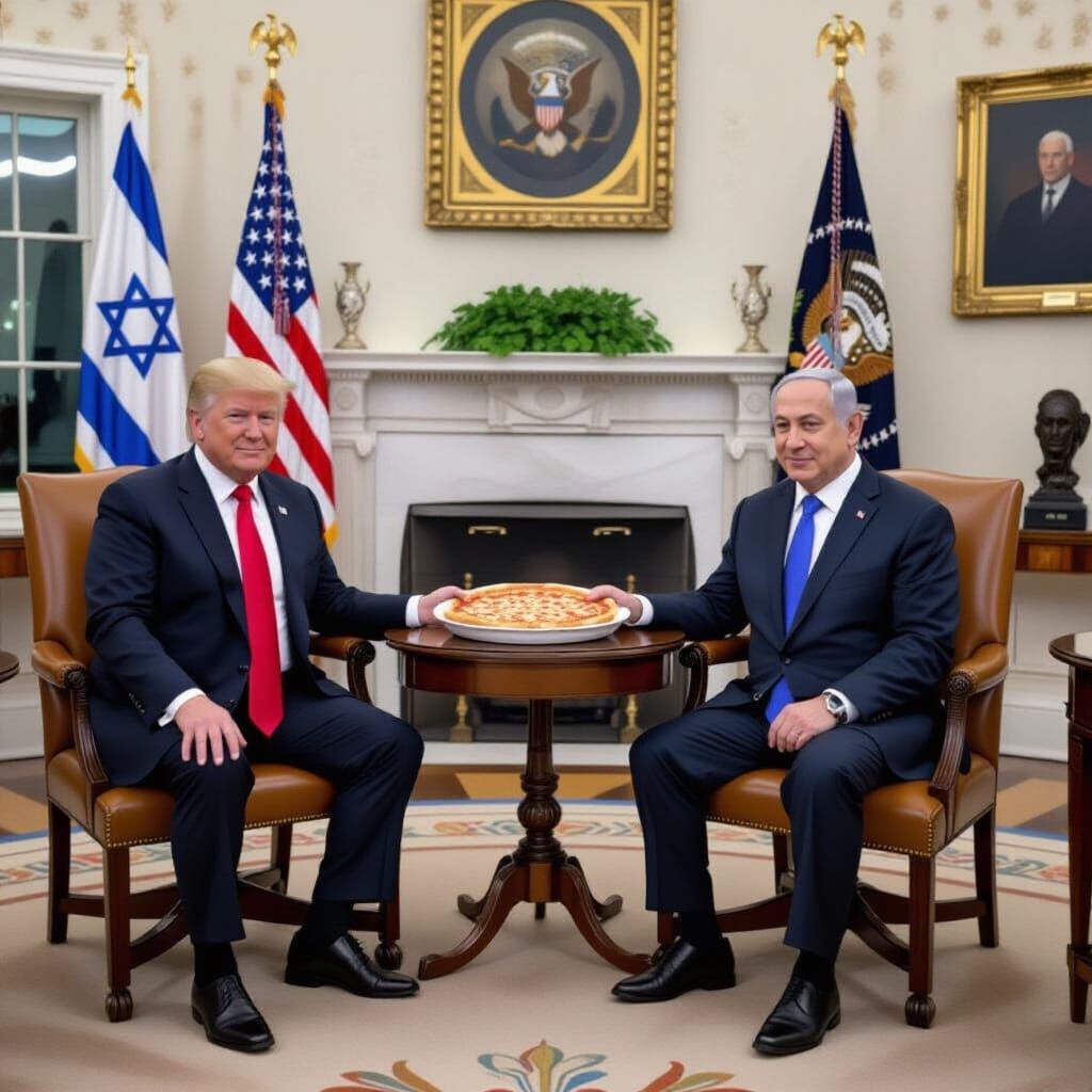 Trump and Netanyahu in Oval Office with Pizza