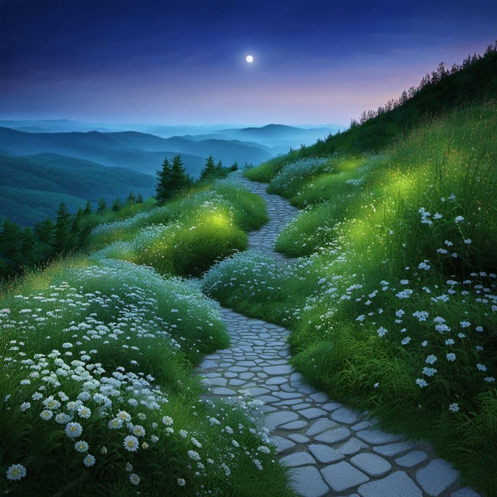 Hazy Summer Night Hills With Winding Path and Flora