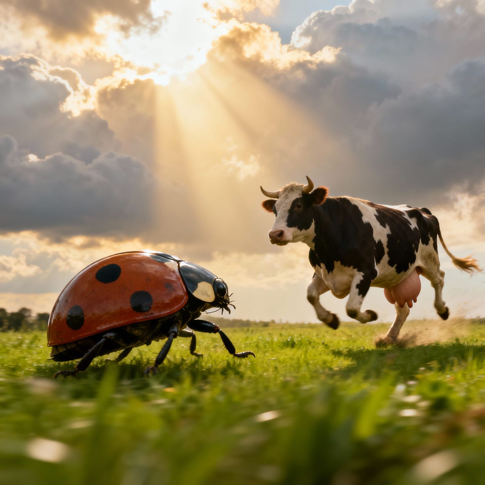Giant Ladybug and Cow Running Together in Meadow
