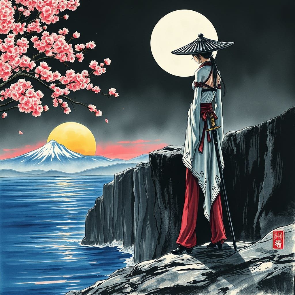 Samurai Warrior on Dark Cliff at Sunset