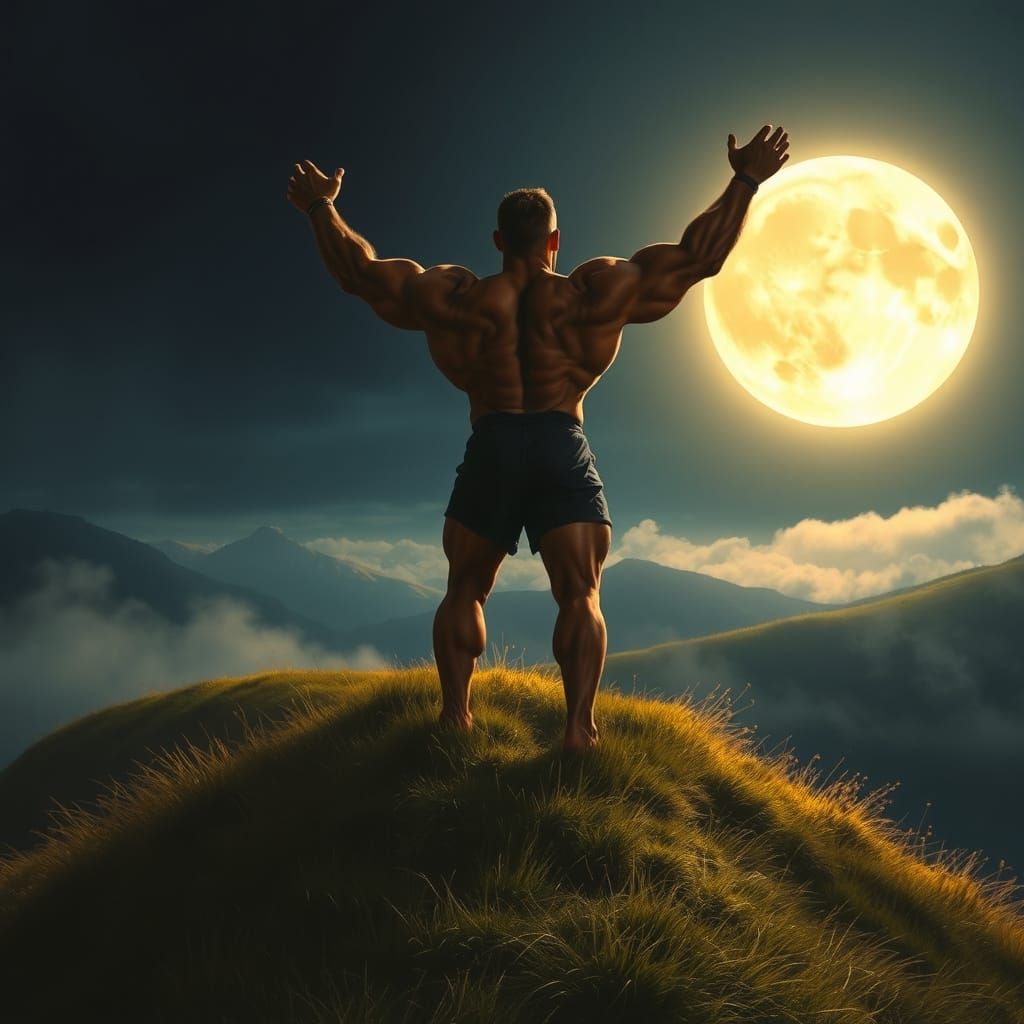 Epic Bodybuilder Under the Moon in Fantasy Realism