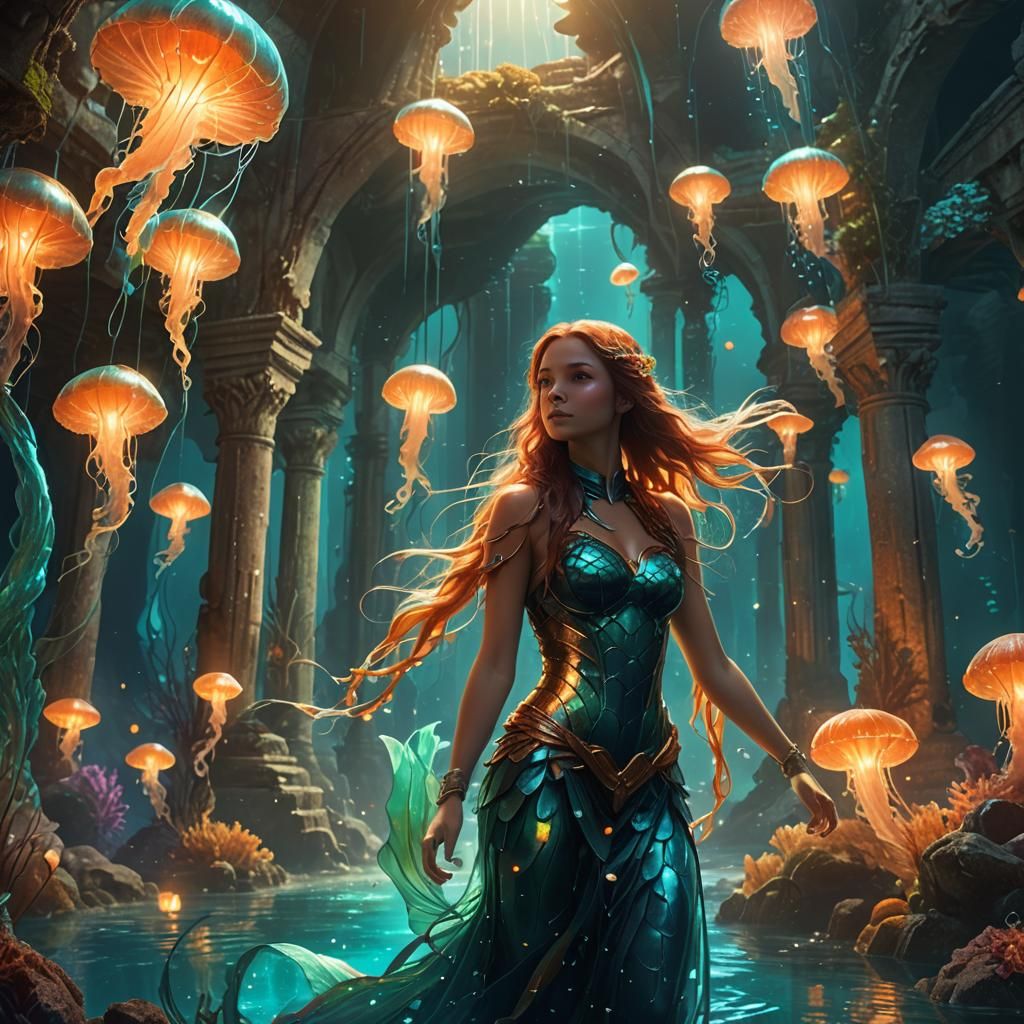 Underwater Mermaid Girl in a Fantasy Ruin