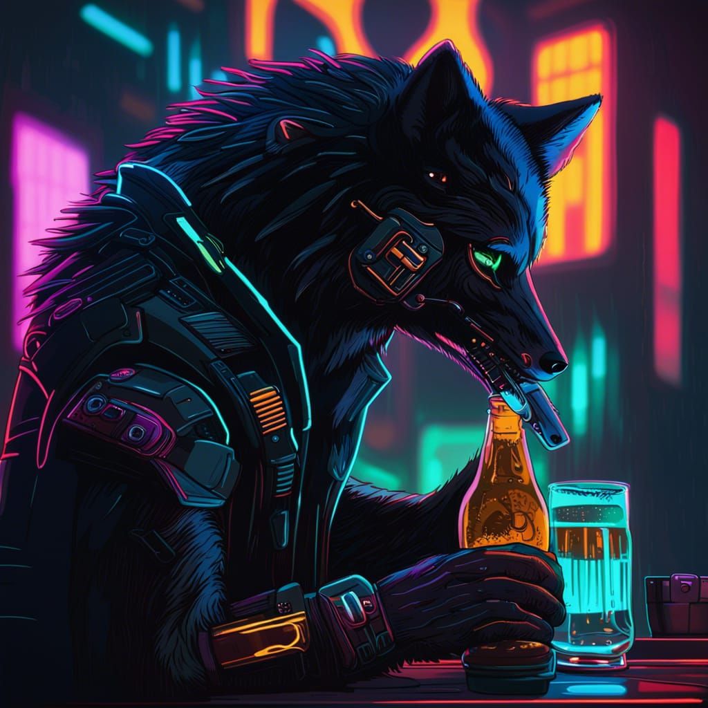 Cyberpunk Wolf Drinks Beer in Neon Cityscape