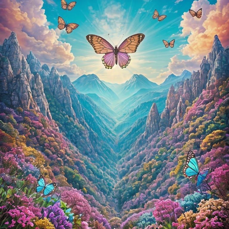 Pastel Crystal Mountains with Fairies and Butterflies