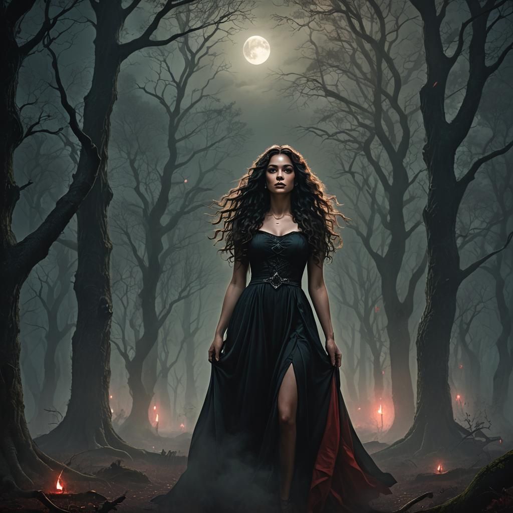 Dark Fantasy Lady in Woods Under Moon