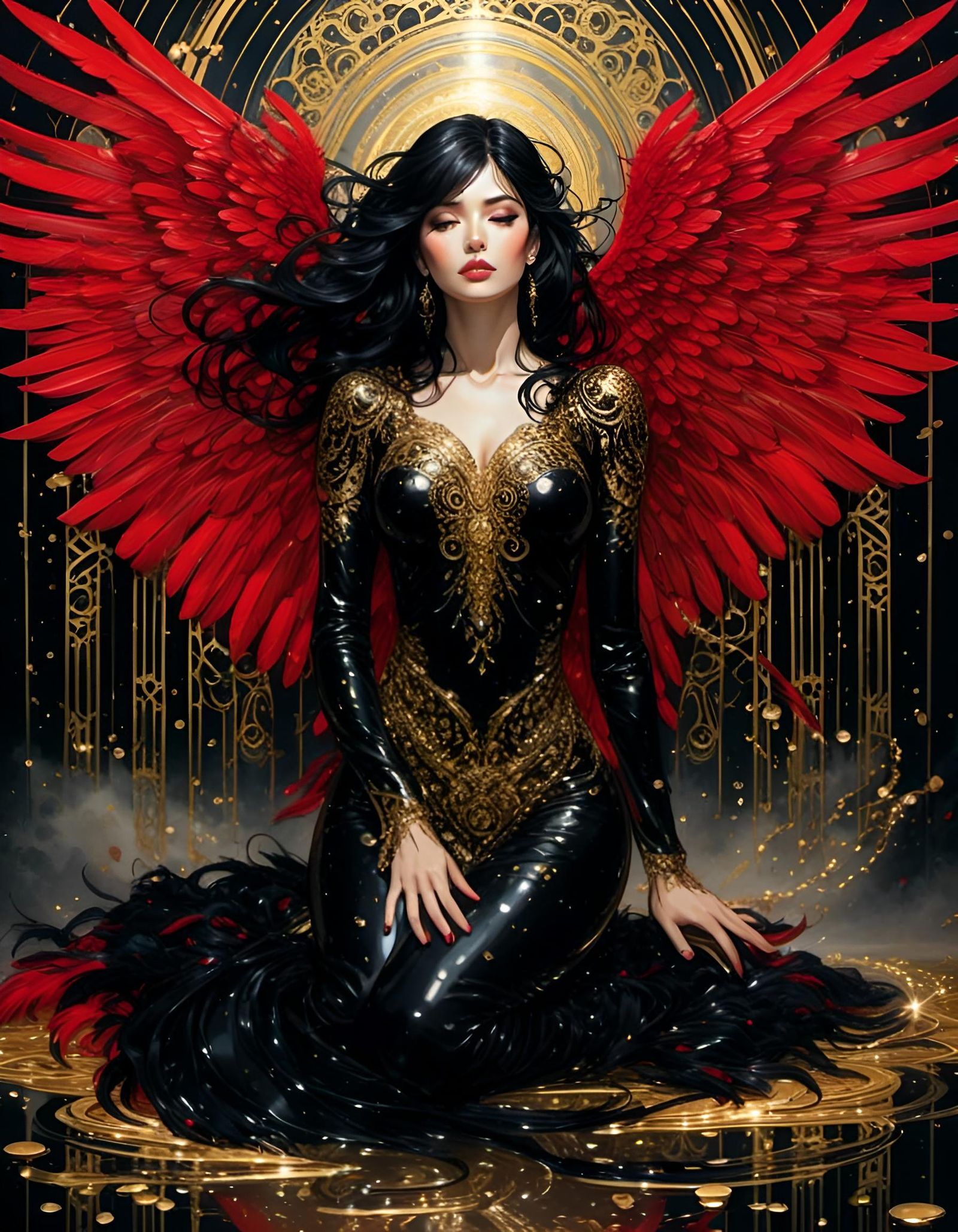 Fallen Angel with Black Wings in Art Deco Style