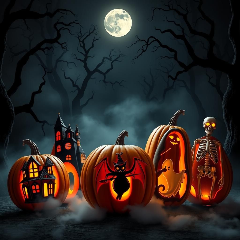 Intricately Carved Pumpkins in Eerie Forest