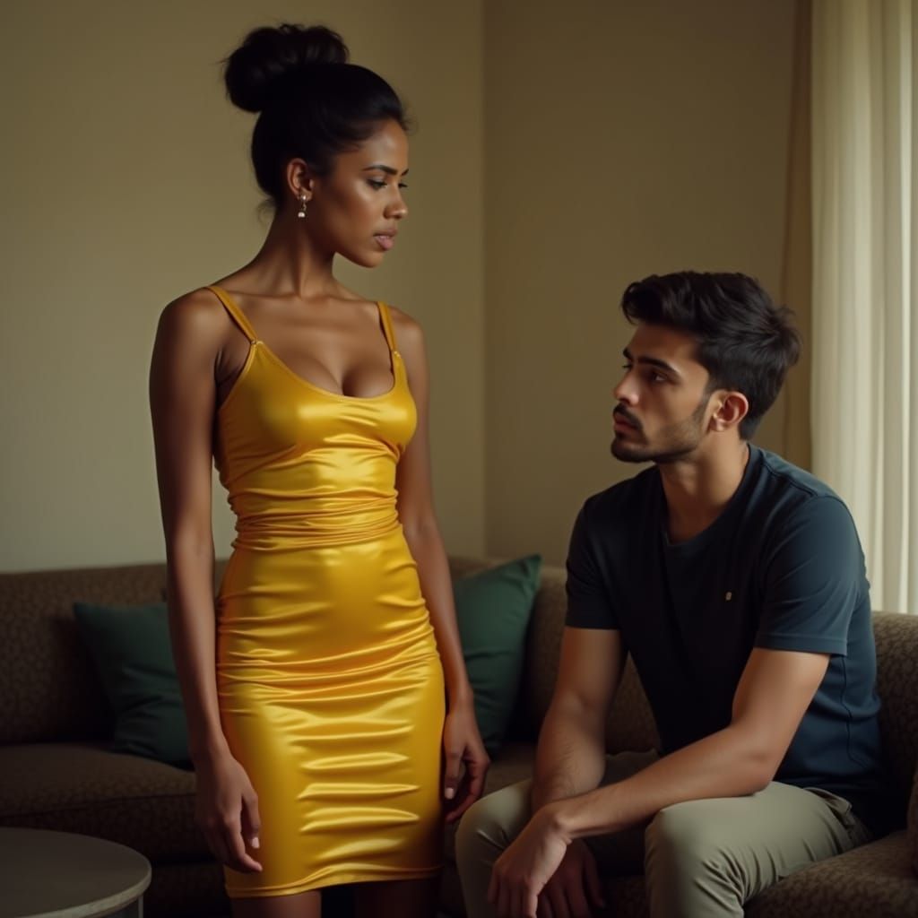 Indian Woman in Yellow Poses on Sofa