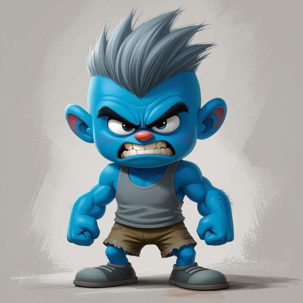 Muscular Smurf with Gray Hair in Pixar Style