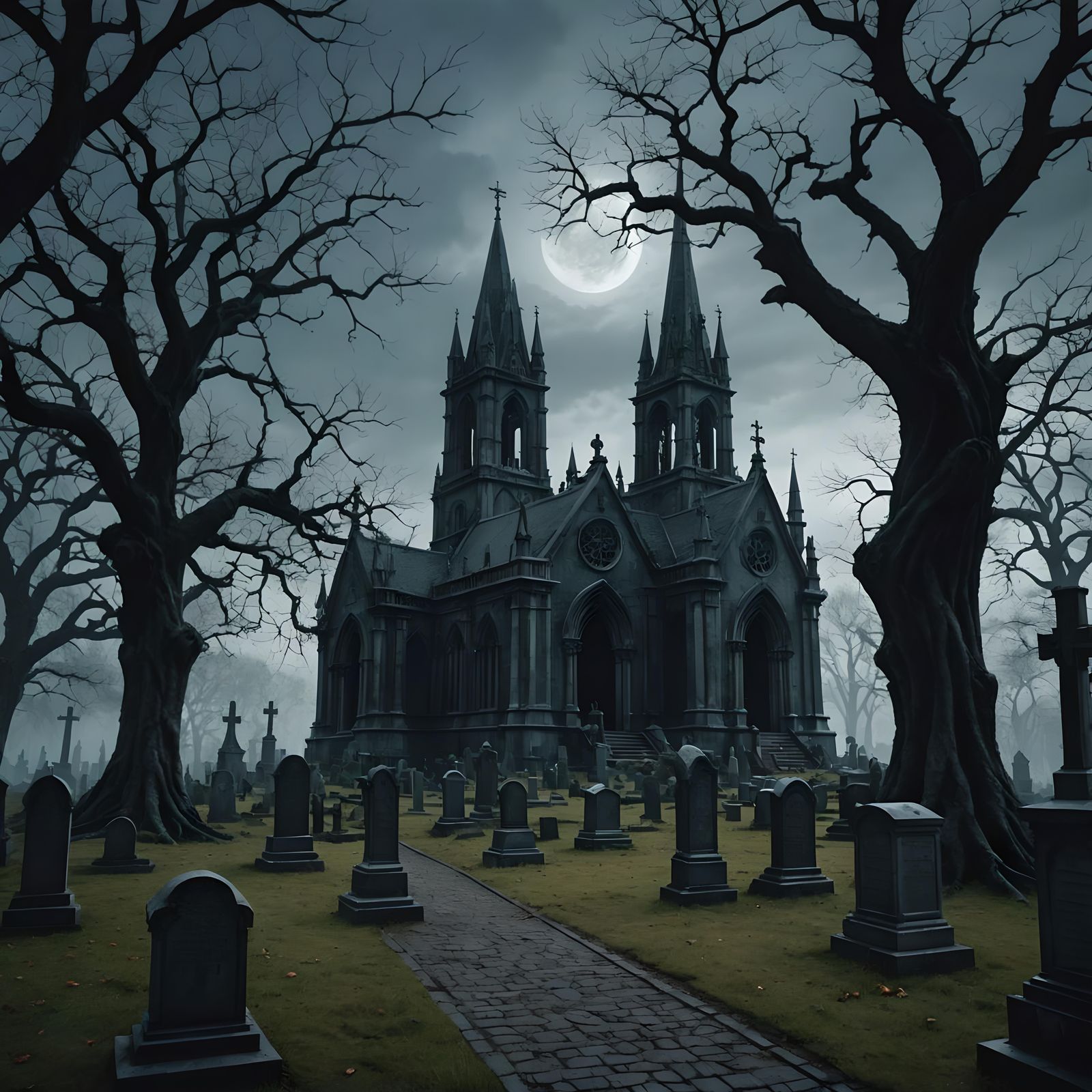 Eerie Graveyard Scene with Ghostly Figure