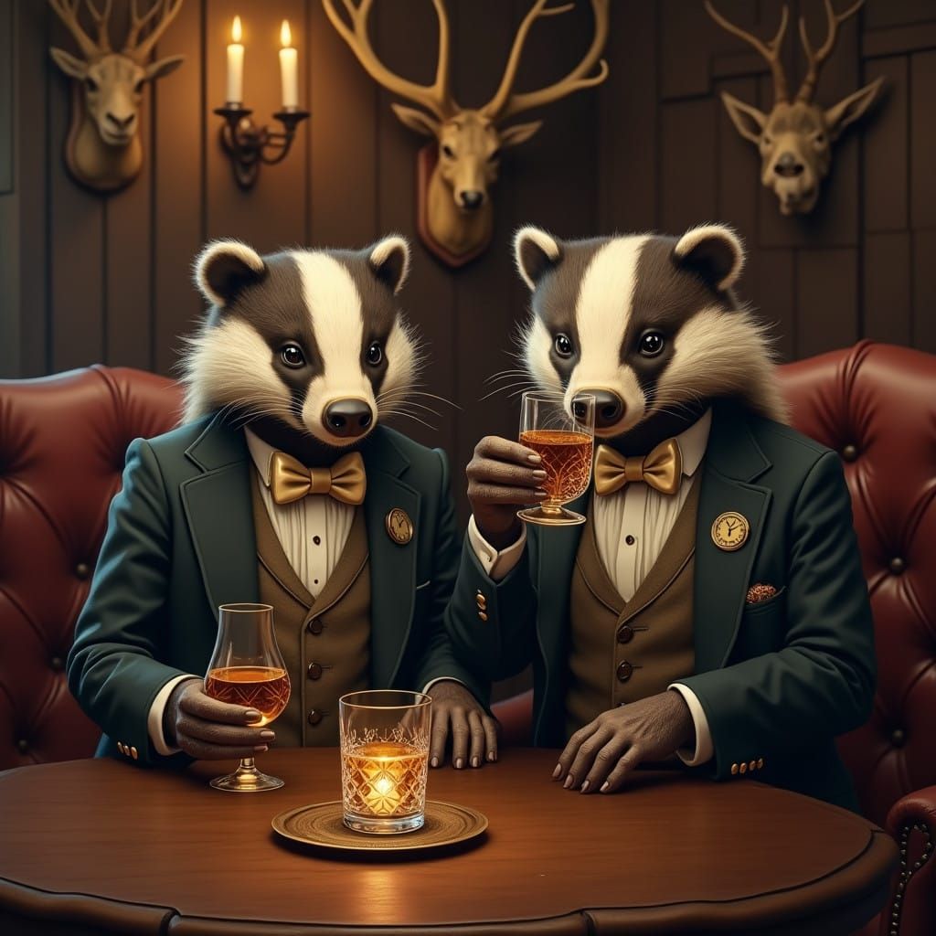 Dignified Badgers Enjoy Whiskey in Cozy Tavern Setting