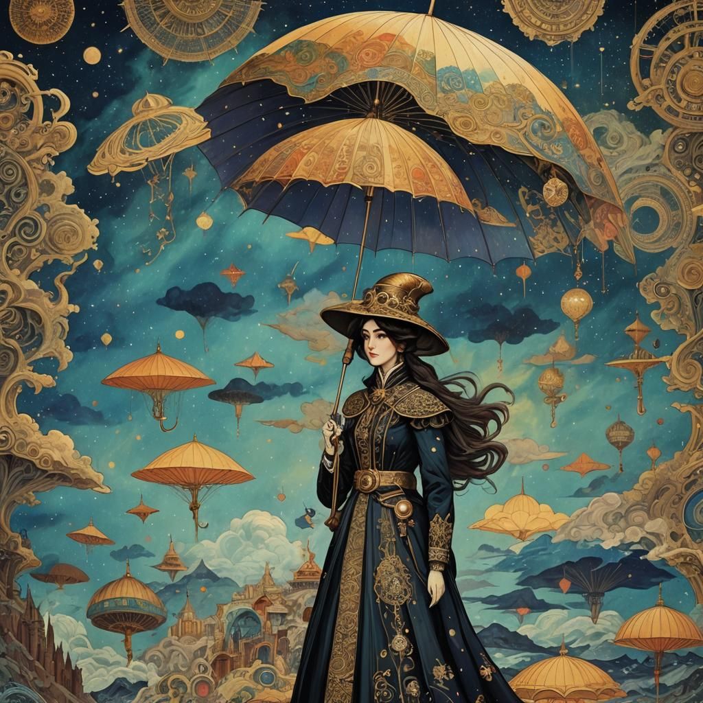 astral qajar Umbrella aurora retrofuturism impasto Ukiyo-e s...