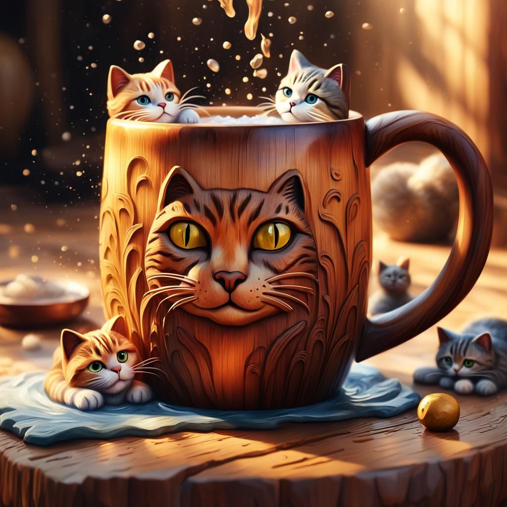 Hyperrealistic Wooden Mug with Carved Cats