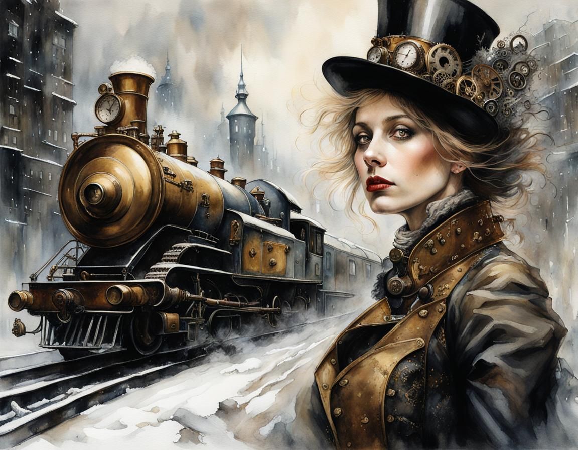 Steampunk Girl in Bleak Winter City Watercolor