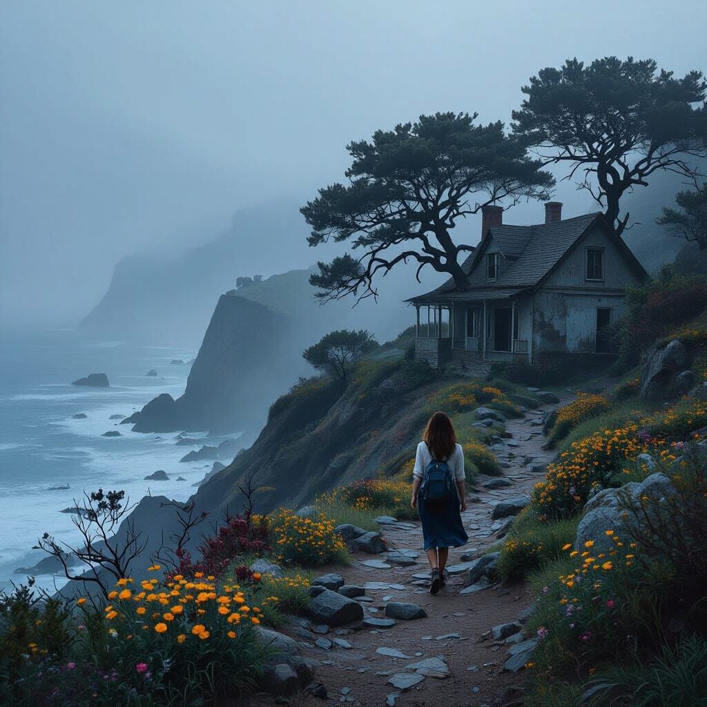 Woman on Rocky Trail with Dilapidated Bungalow