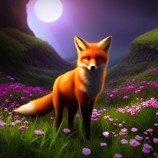 Fox in Flower Meadow: Fantasy Concept Art