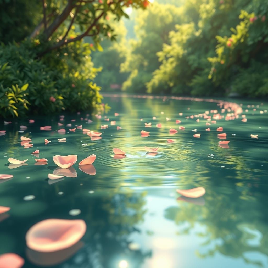 River of Petals in Whimsical Anime Landscape