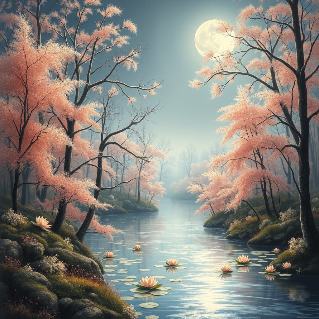 Dreamy Moonlit Forest Scene with Lotus Flowers
