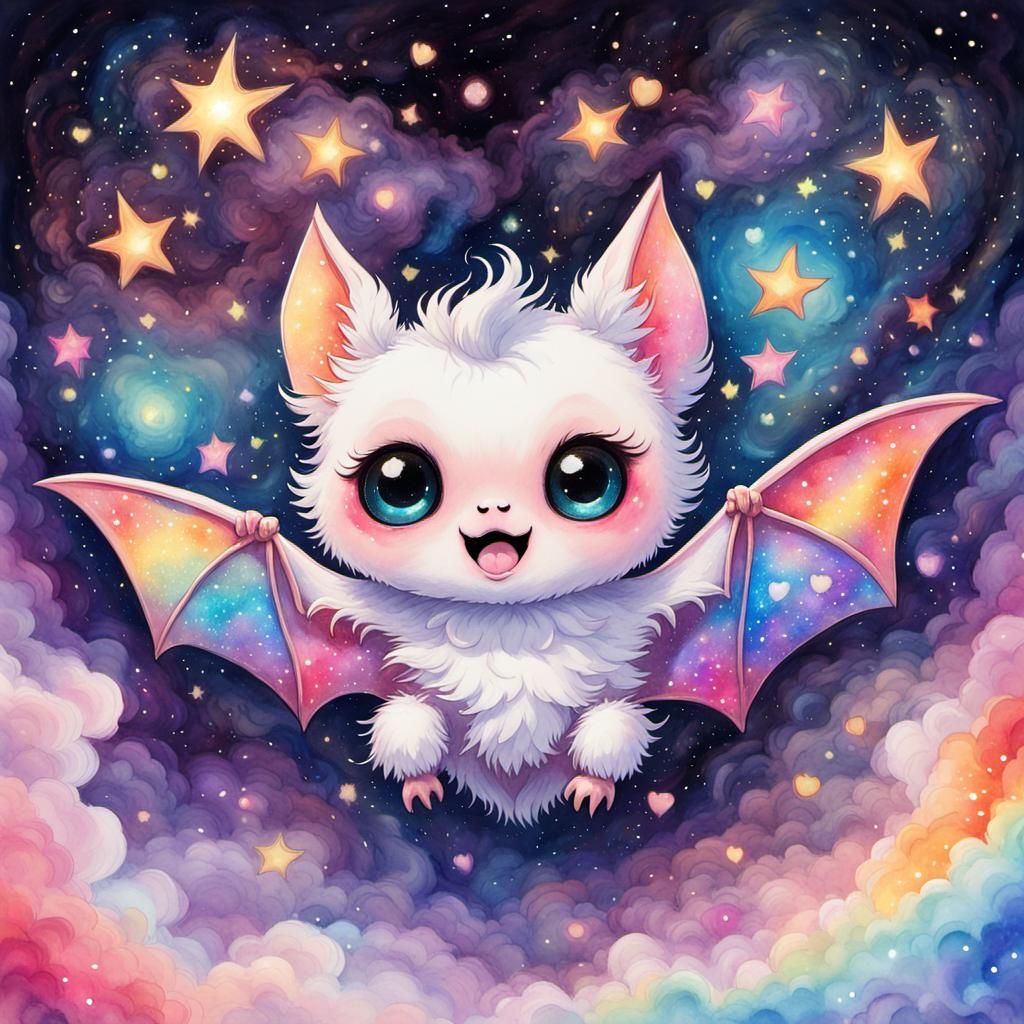 Sparkling Chibi Bat Relaxing in Galactic Nebula Watercolor