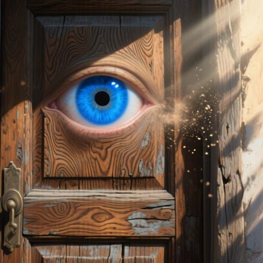 Luminous Blue Eye in Rustic Wooden Door