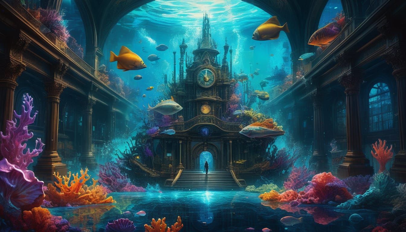 Surreal Underwater Concert Hall in Bioluminescent Cosmic Sty...