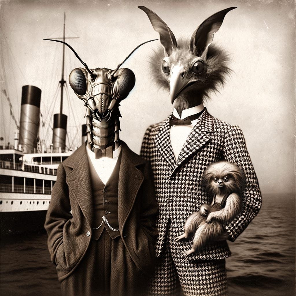 Surreal 19th Century Mantis-Man and Cockatoo-Woman Photo