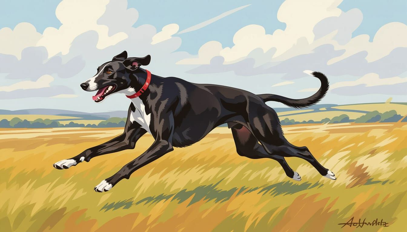 Muscular Greyhound Dashing Across Windswept Moor