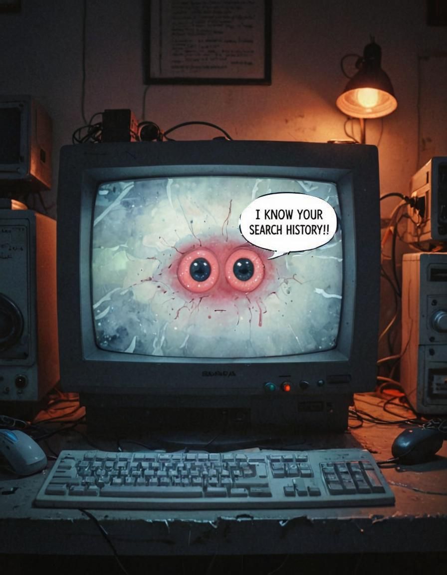 Ominous Googly Eyes Escape CRT Monitor in Anime Art
