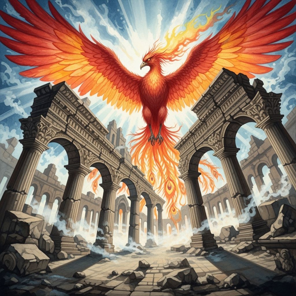 Ethereal Phoenix Rises from Temple Ruins in Watercolor