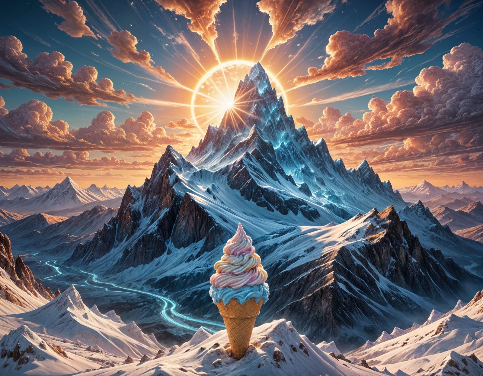 Ice Cream Mountain Sunset: Hyperrealistic Comic Art