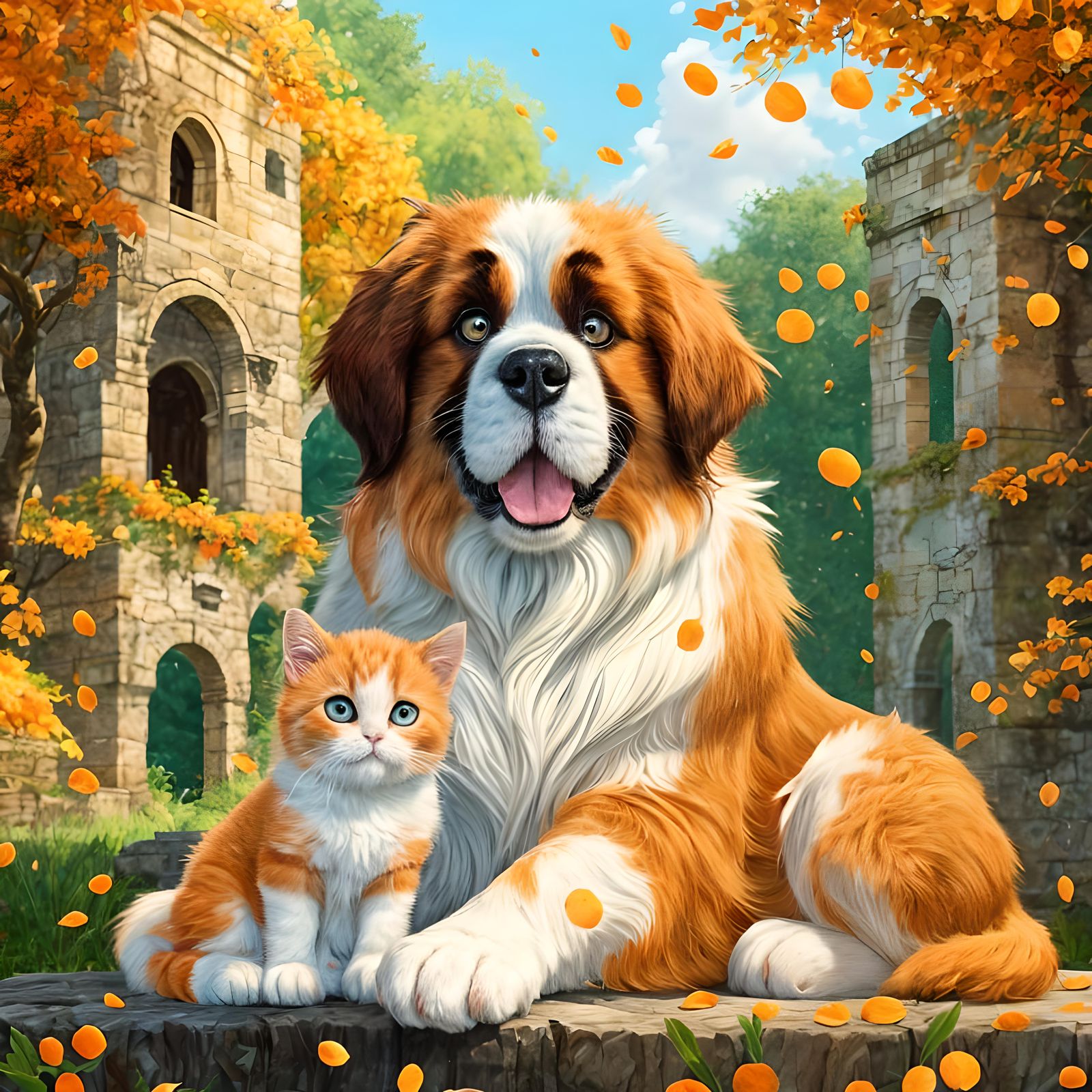 Saint Bernard, Cats, and Kitten in Fairytale Illustration