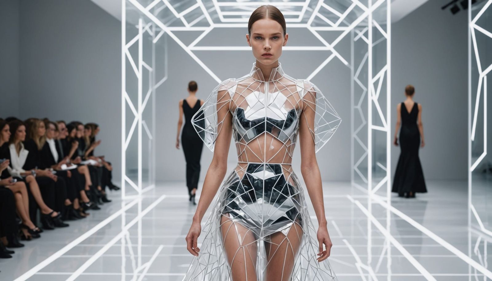 Futuristic Fashion Model in Glowing Glass Gown