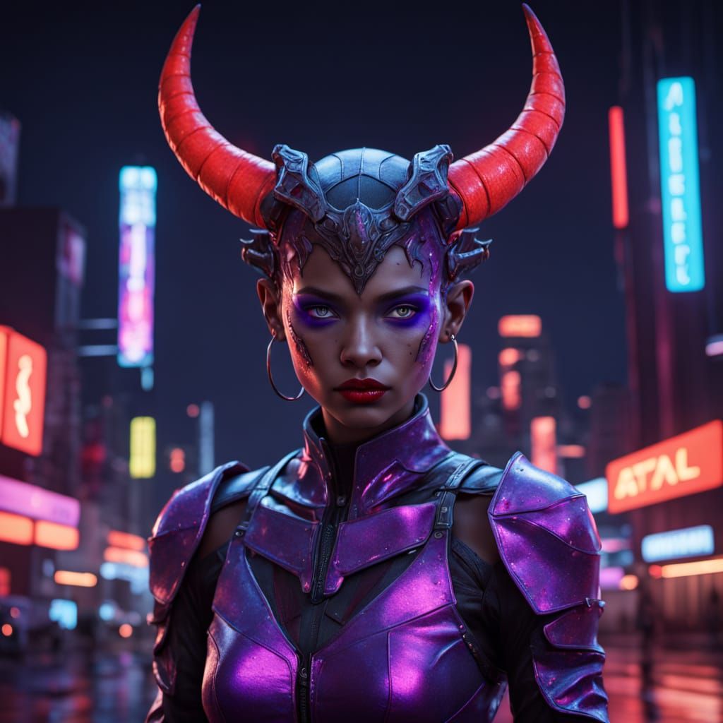 Demon Model Poses Under Neon City Lights