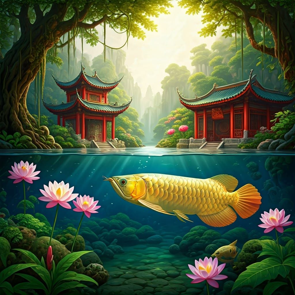 Golden Arowana and Chinese Temple: Oil Painting