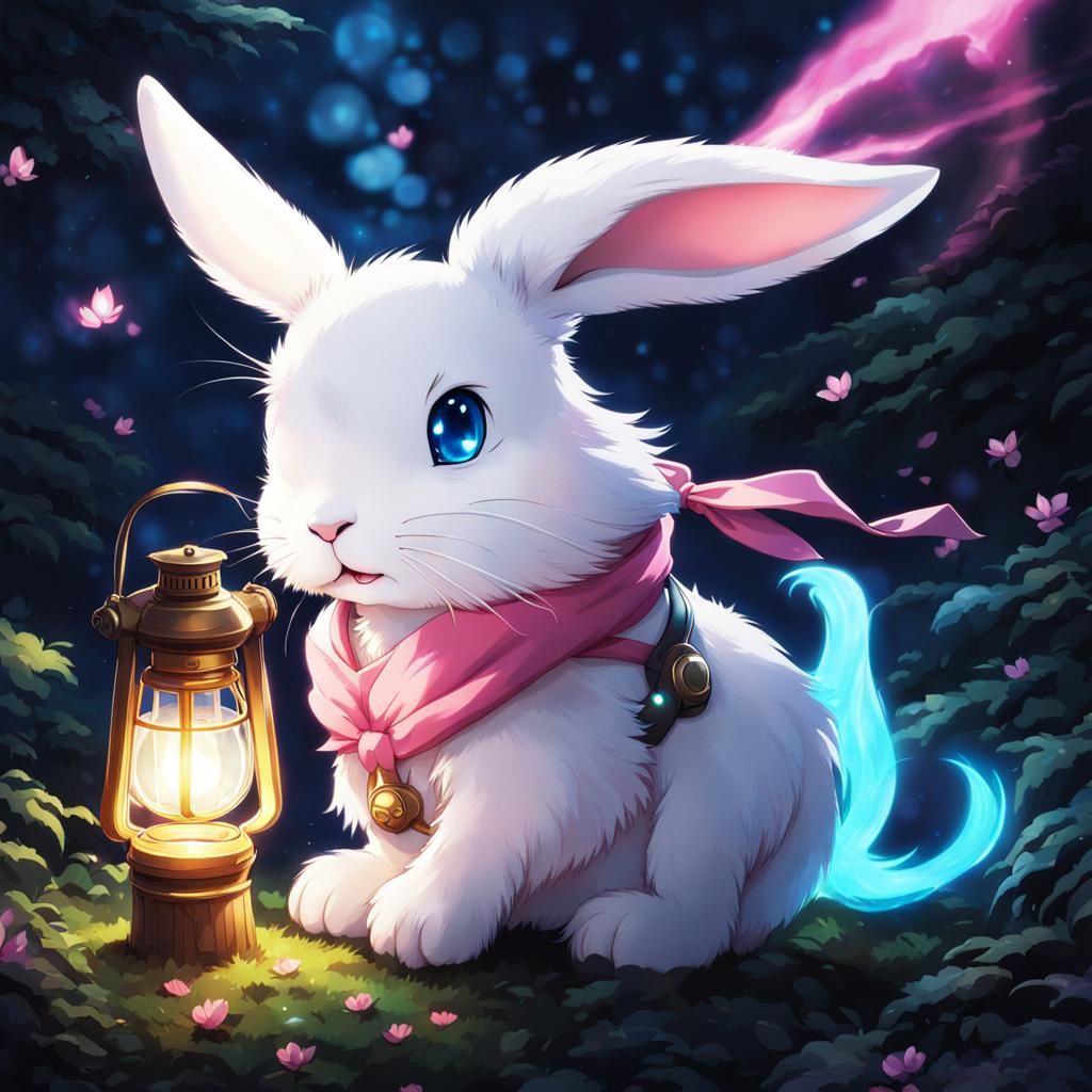 Anime Rabbit Creature with Glowing Lantern