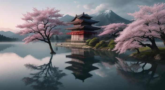 Cinematic Sakura Tree Scene with Lake and Temples