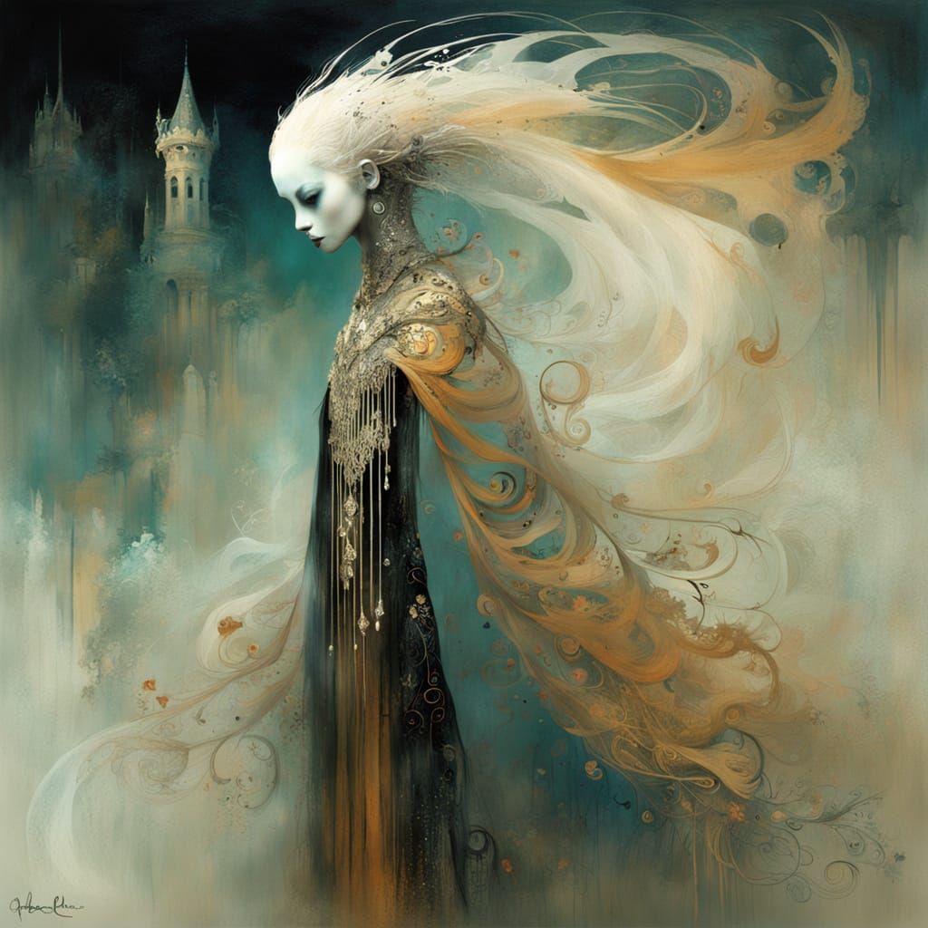 Whimsical Ghost in a Klimt-Inspired Landscape