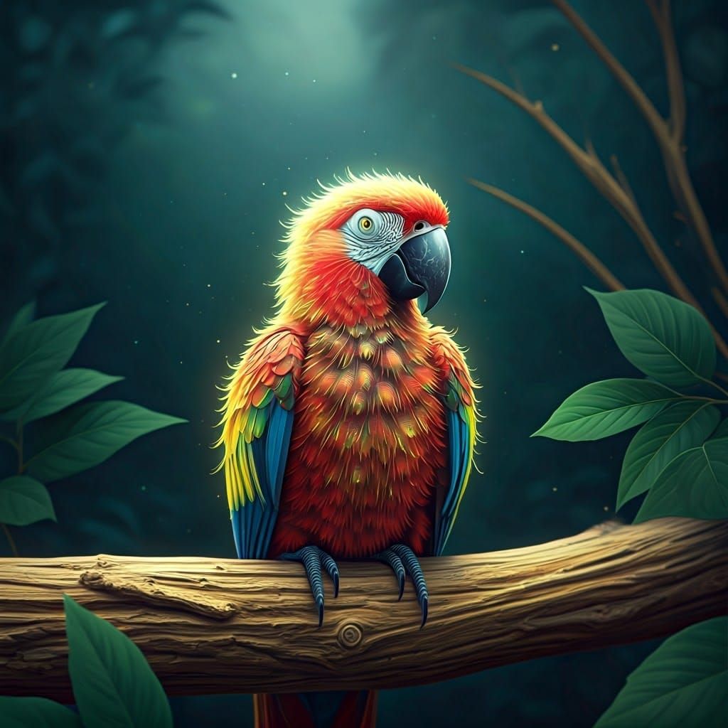 Vibrant Parrot in Iridescent Plumage, Perched on Golden Tree...