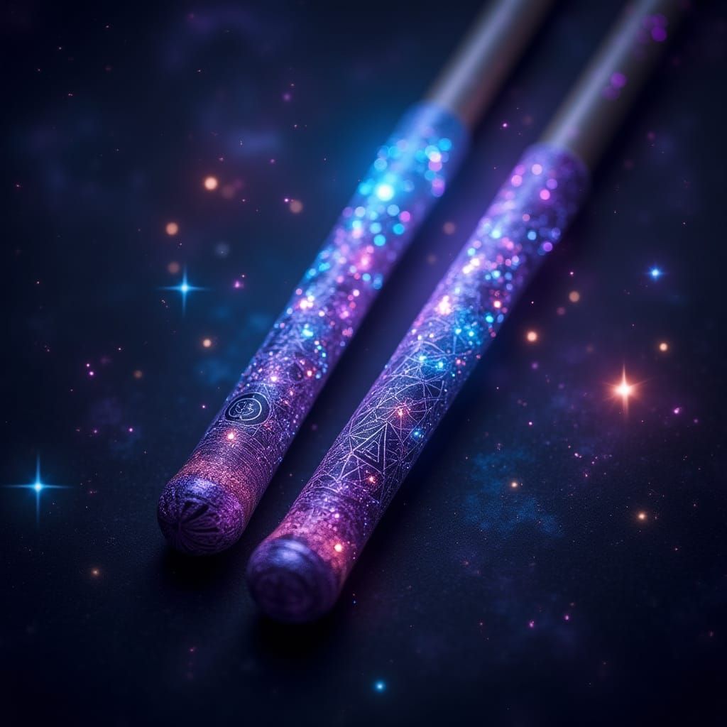 Neon Drumsticks with Sacred Geometry in Cosmic Scene