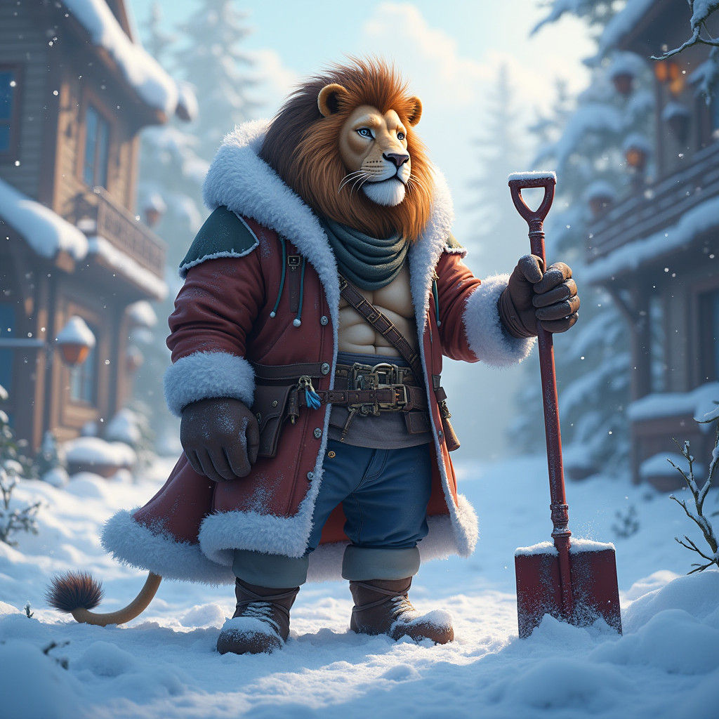 Lion in Winter Outfit Shoveling Snow, Detailed Digital Paint...