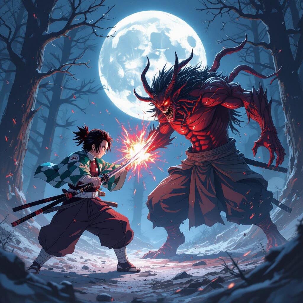 Tanjiro Battles Upper Moon Demon in Hyper-Realistic Style