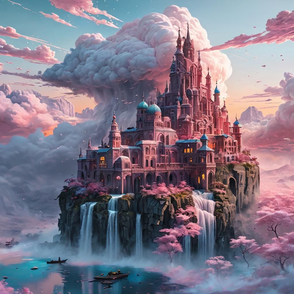 Pink Marble City Under Celestial Skies, Gothic Painting