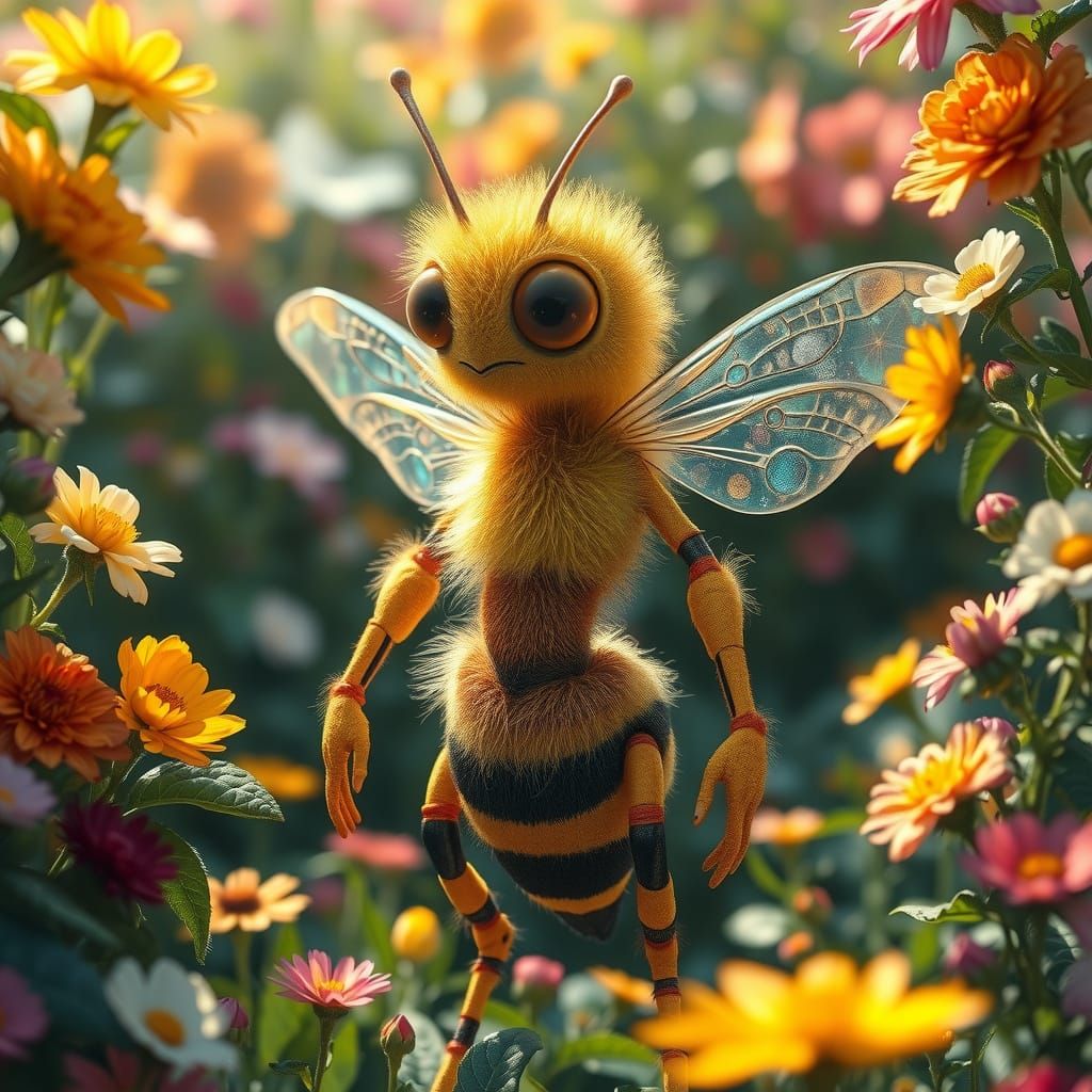 Human Bee Hybrid in Vibrant Garden Scene